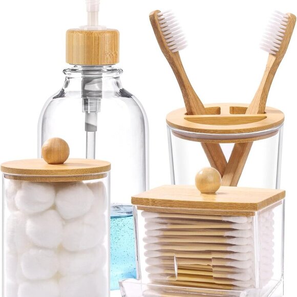 Bamboo Bathroom Accessories Set 4 Pcs - Clear Toothbrush Holder Plastic Soap Dis - Picture 8 of 8